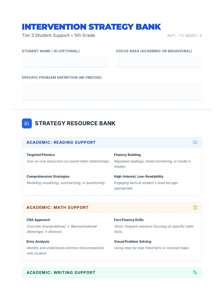 Intervention Strategy Bank Worksheet