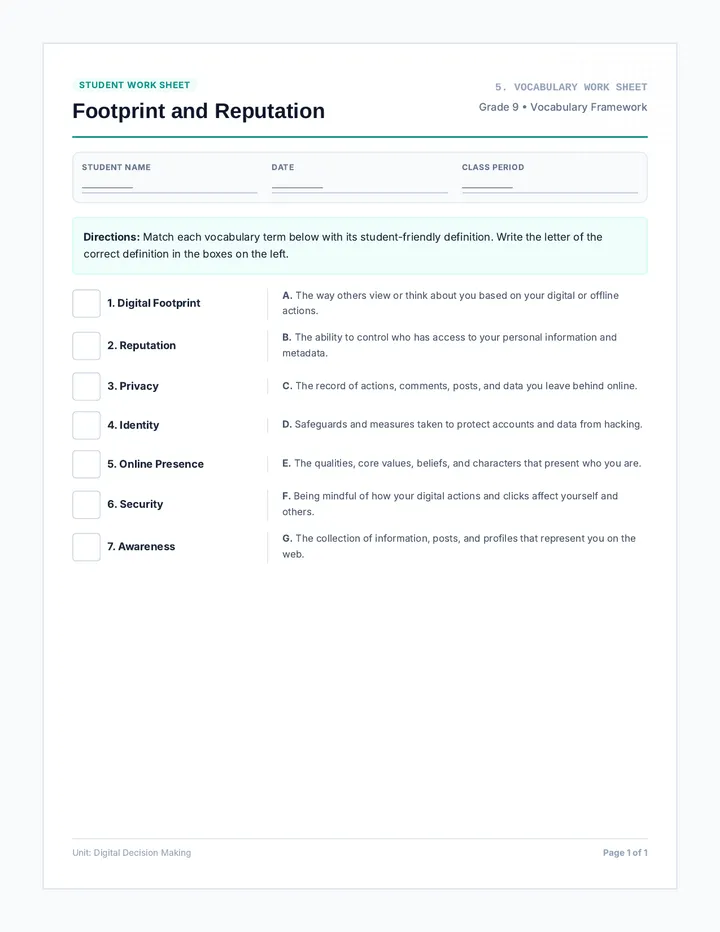 Footprint Vocabulary Worksheet