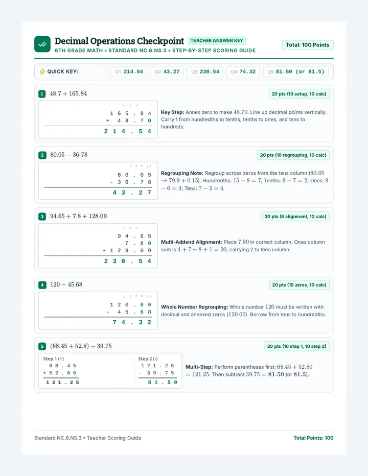 Decimal Dash Answer Key