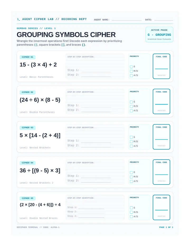 Grouping Symbols Worksheet