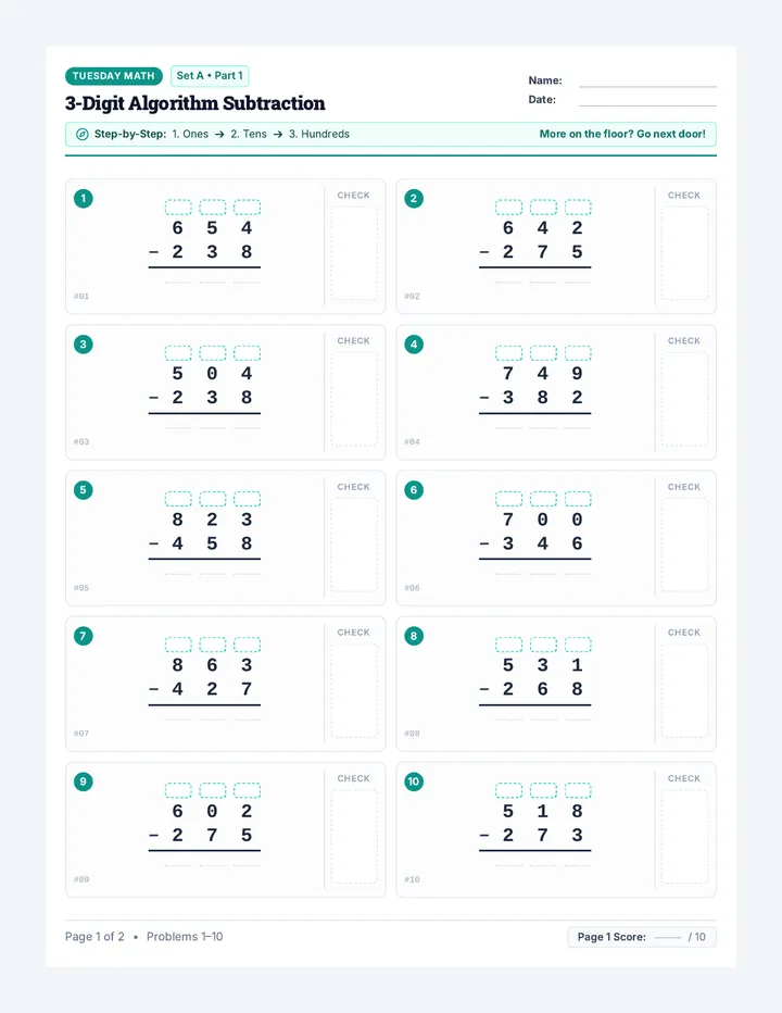 Tuesday Subtraction Packet