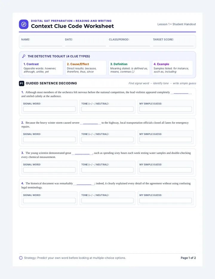 Context Clue Code Worksheet
