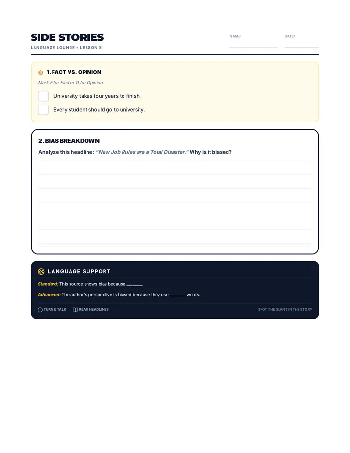Side Stories Worksheet