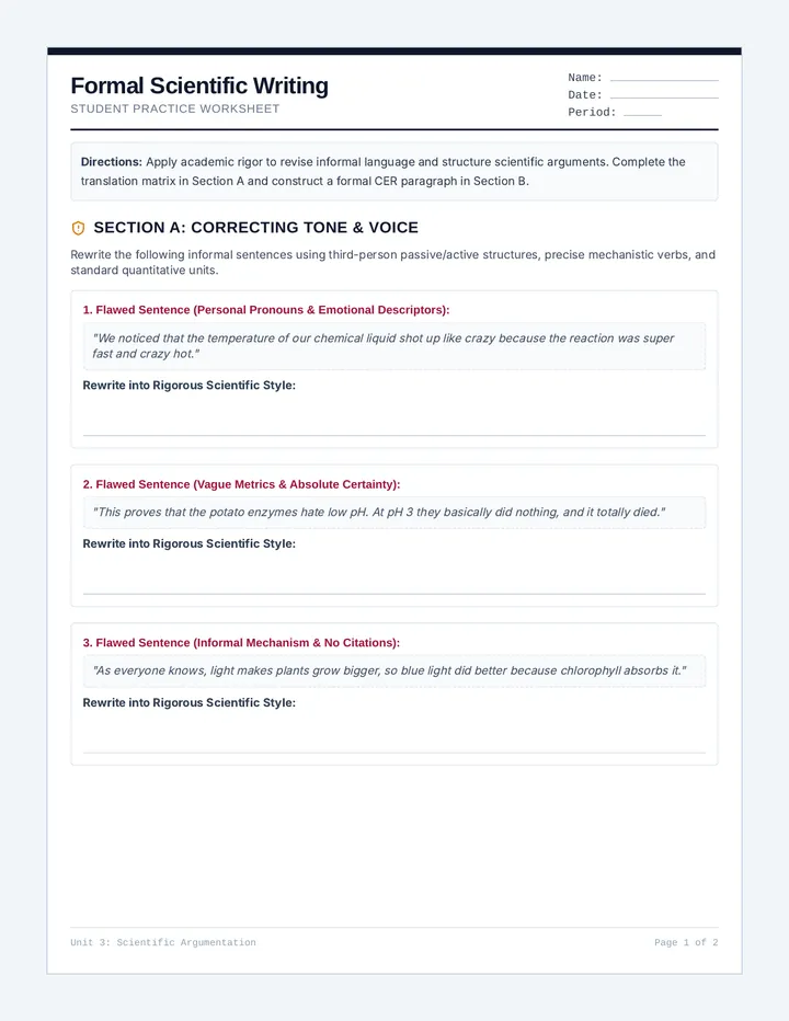 Formal Scientific Writing Practice Worksheet