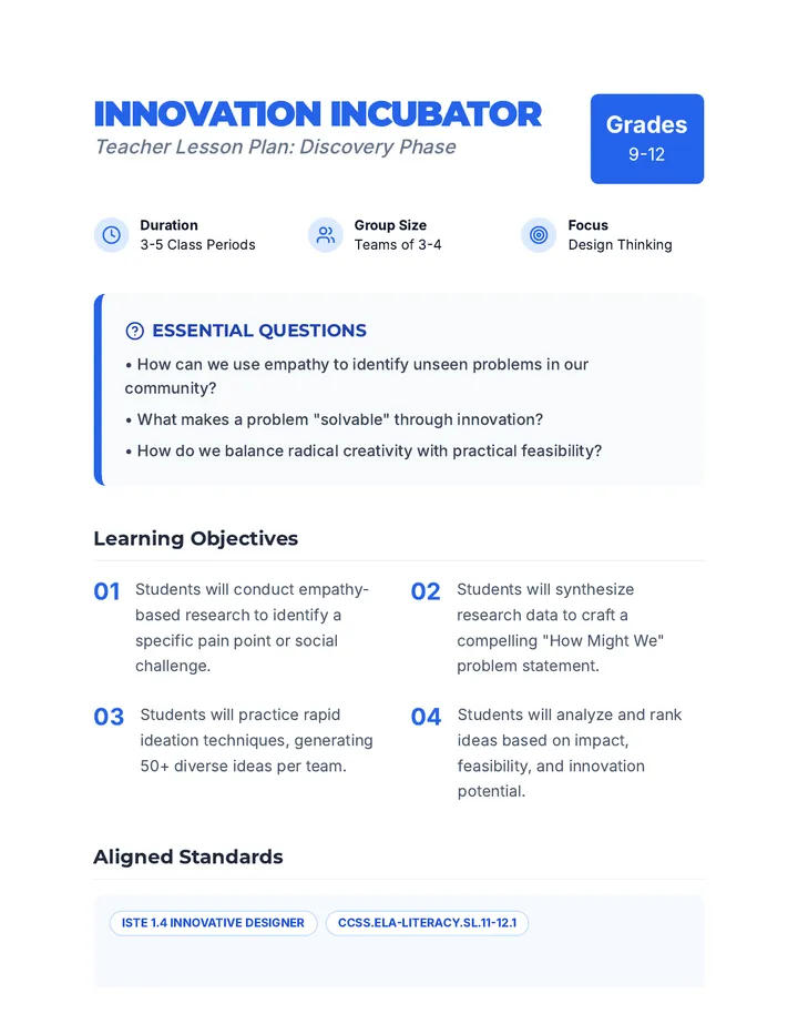 Innovation Incubator Lesson Plan