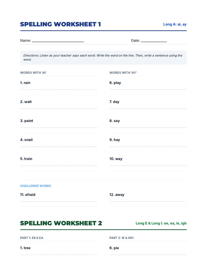 Vowel Team Voyage Spelling Worksheets Document