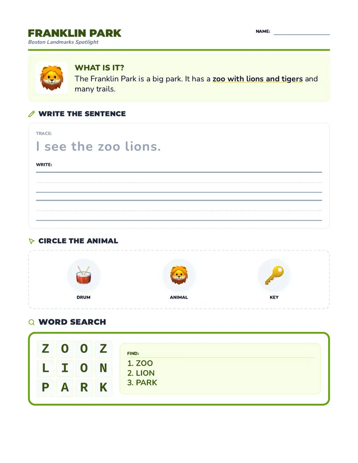 Franklin Park Spotlight Worksheet