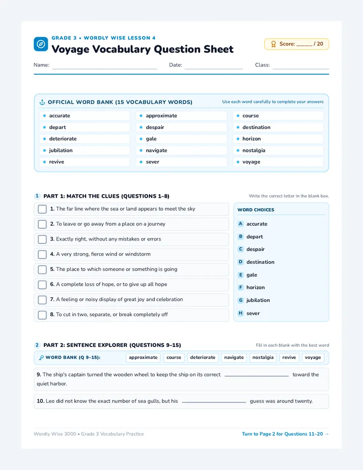 Voyage Vocabulary Question Sheet