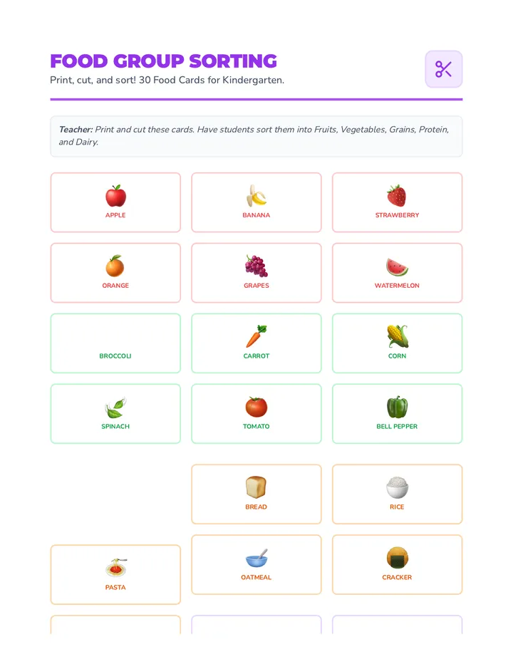 Food Group Sorting Activity