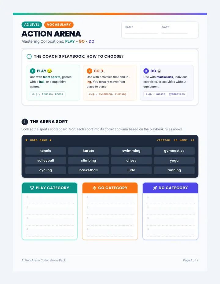 Arena Action Worksheet