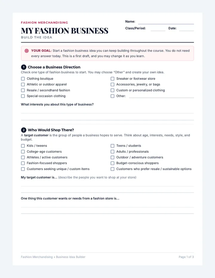 Fashion Business Idea Builder Worksheet