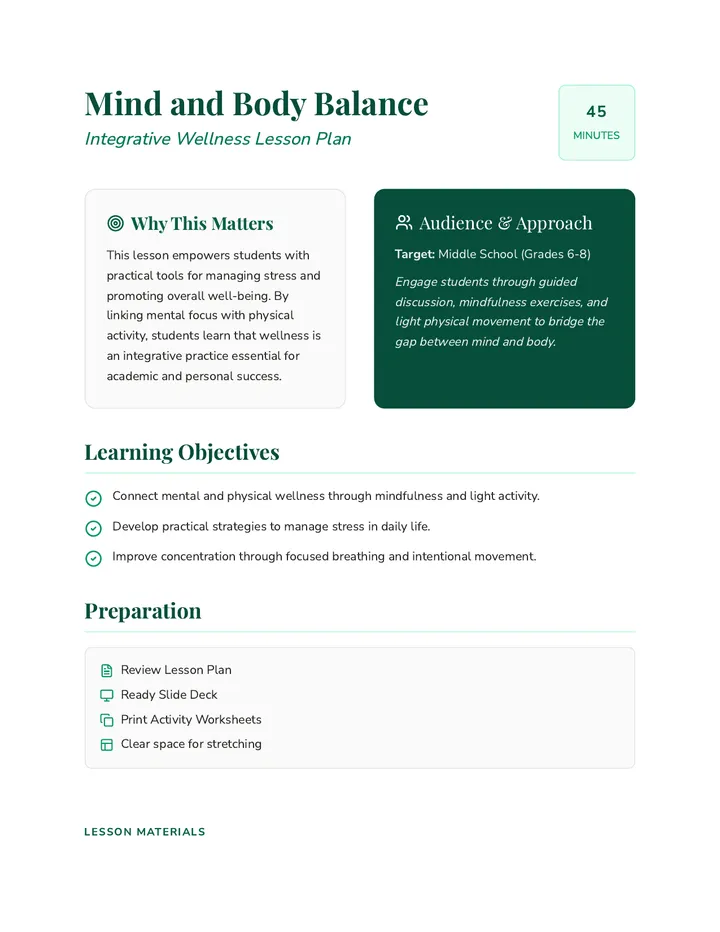 Mind and Body Balance Lesson Plan