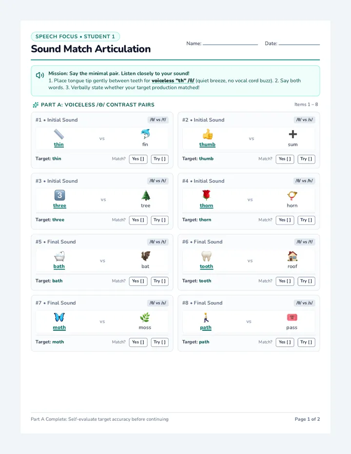 Sound Match Articulation Worksheet