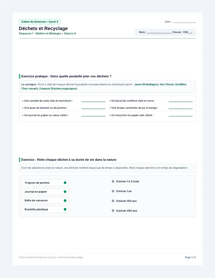 Déchets et Recyclage Fiche Élève
