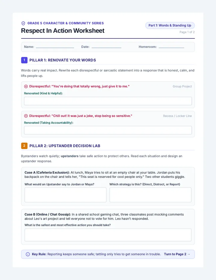 Respect In Action Worksheet