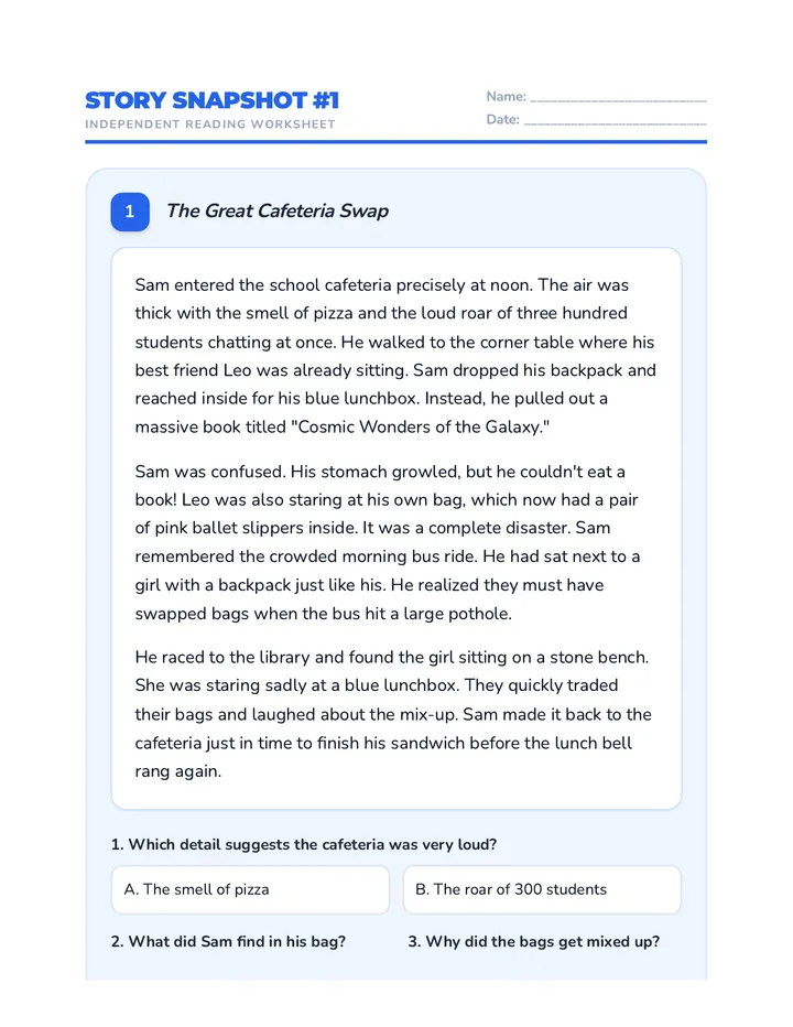 Story Snapshots Independent Worksheets Advanced