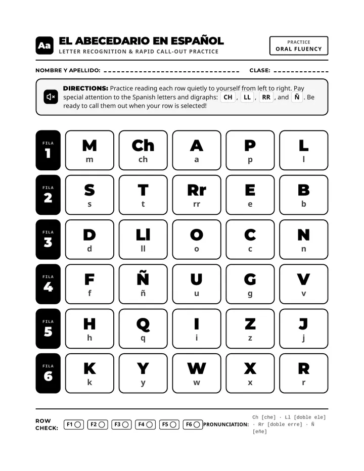 Spanish Alphabet Grid Worksheet