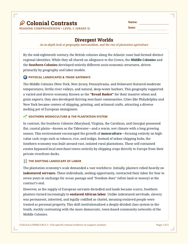 Colonial Contrasts Worksheet