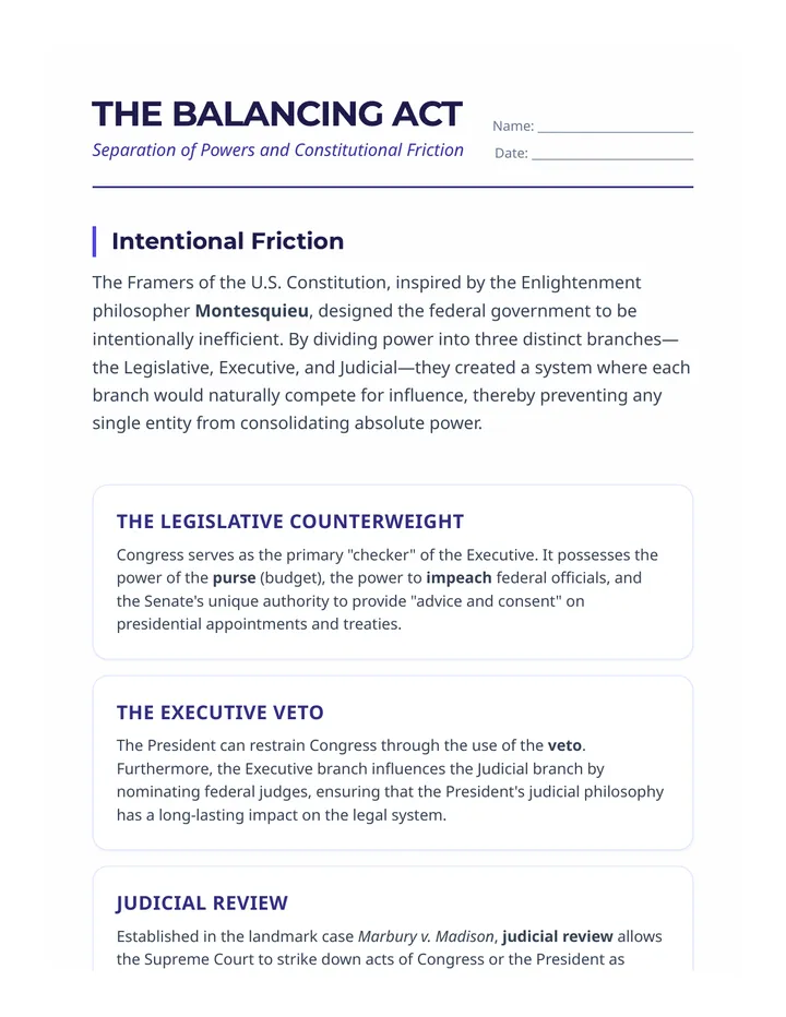 Checks and Balances Worksheet