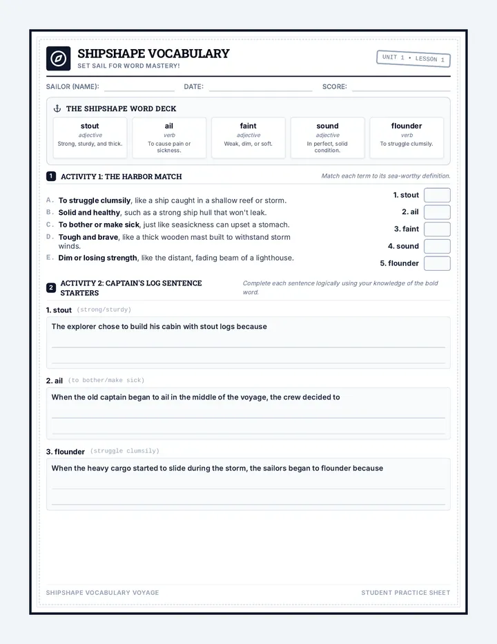 Shipshape Vocabulary Worksheet