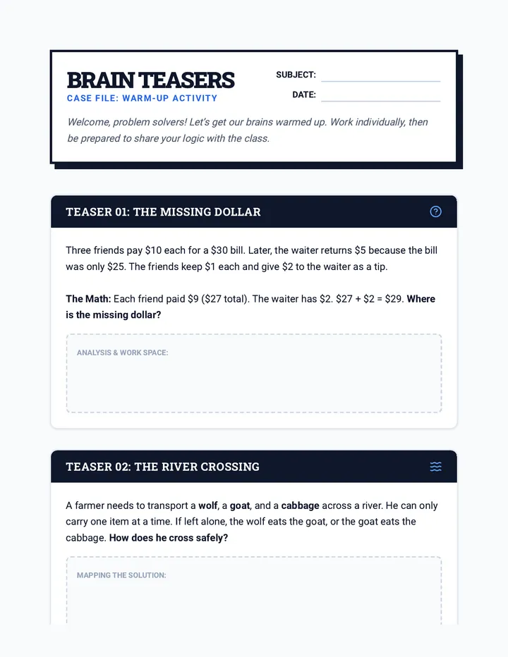 Quick Brain Teasers Worksheet