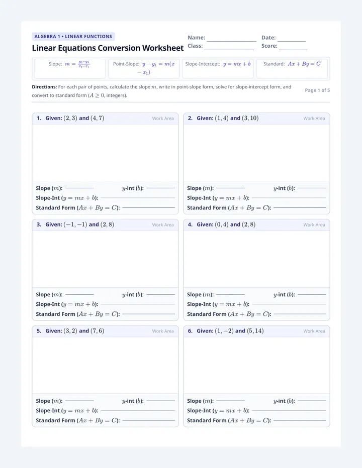 Linear Equations Conversion Worksheet