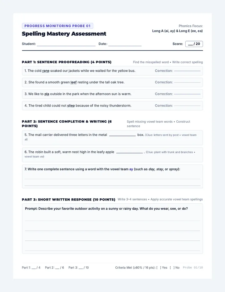 Spelling Probes Assessment Sheets