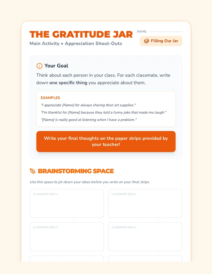 Gratitude Jar Activity Sheet