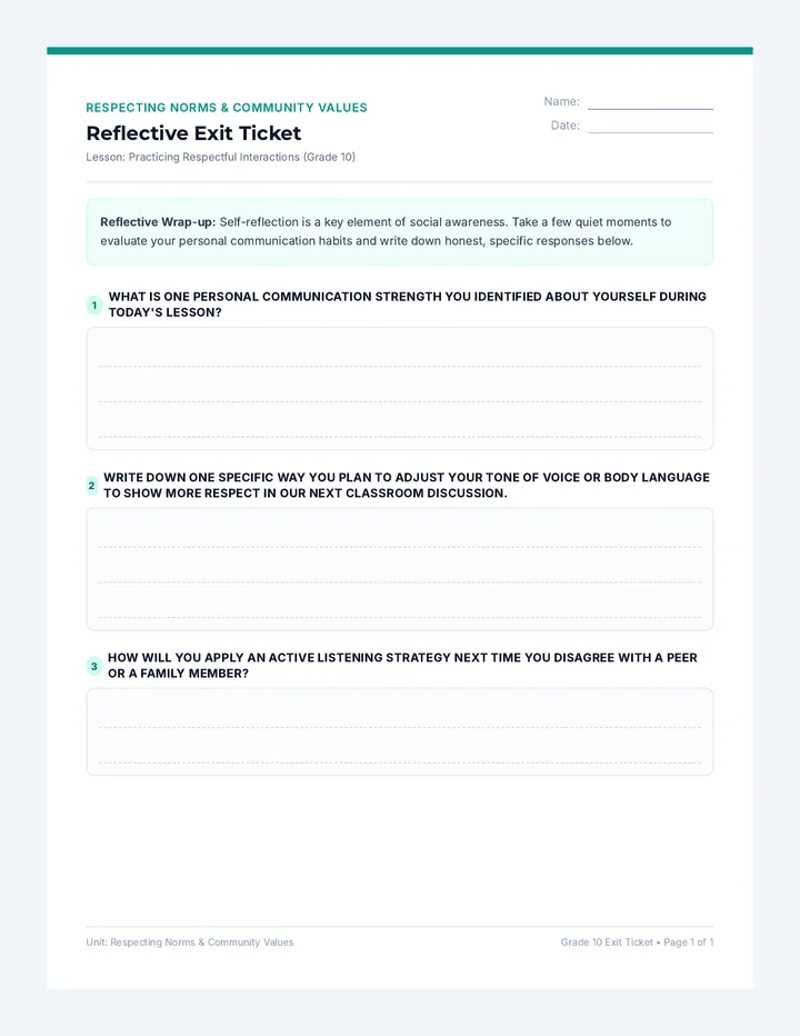 Practicing Respectful Interactions Exit Ticket
