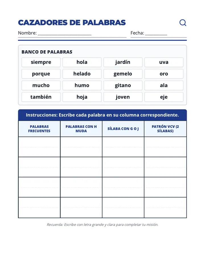 Cazadores de Palabras Worksheet