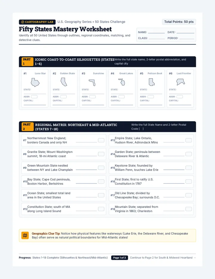Fifty States Mastery Worksheet