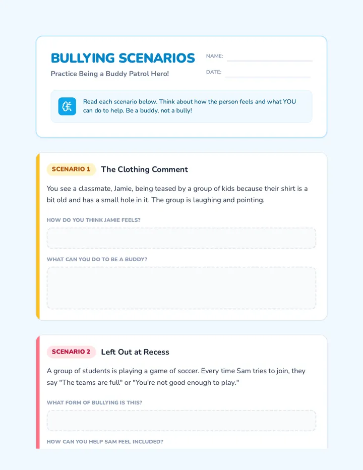 Bullying Scenarios Worksheet Check
