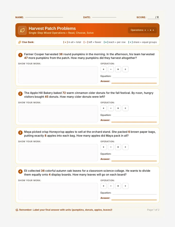 Harvest Patch Problems Worksheet