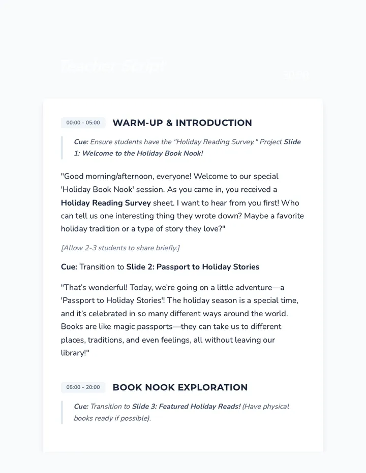 Holiday Book Nook Teacher Script