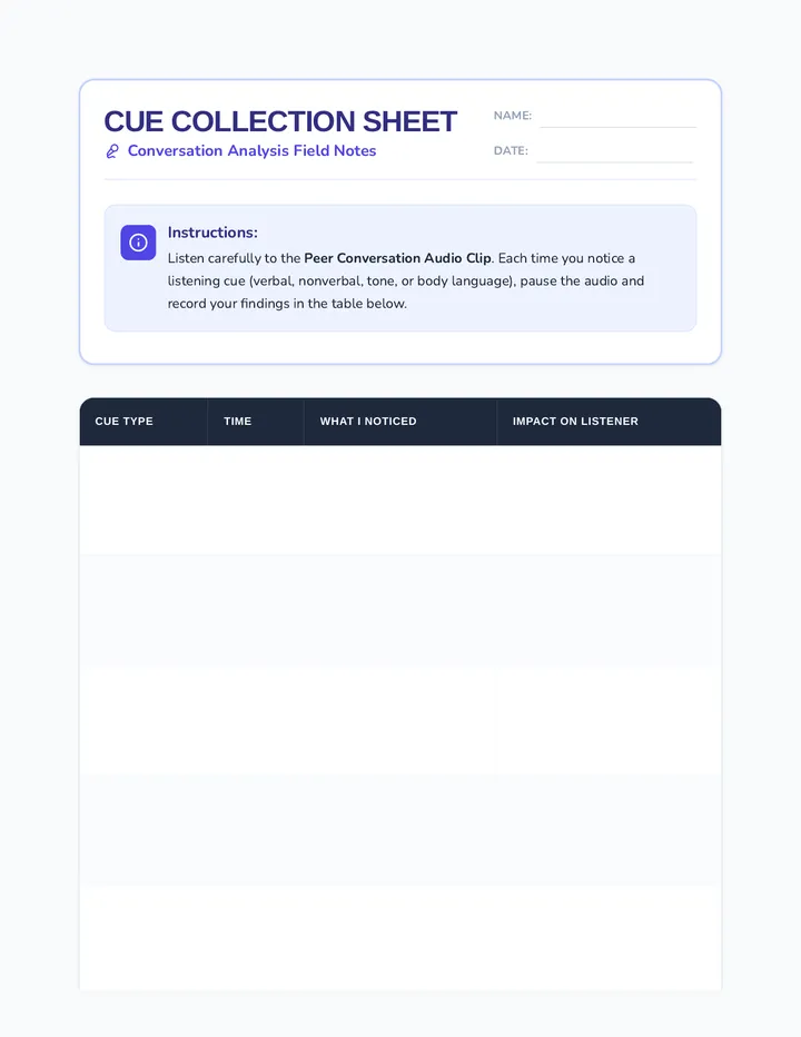 Cue Collection Sheet Worksheet