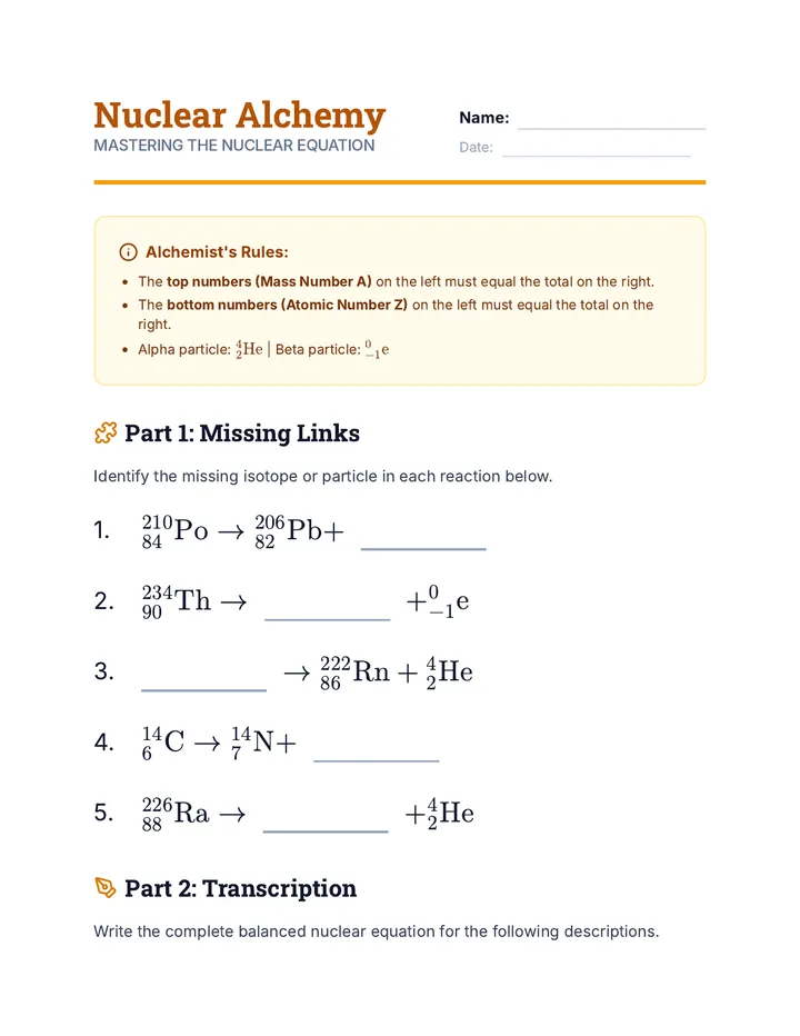 Nuclear Alchemy Practice Worksheet