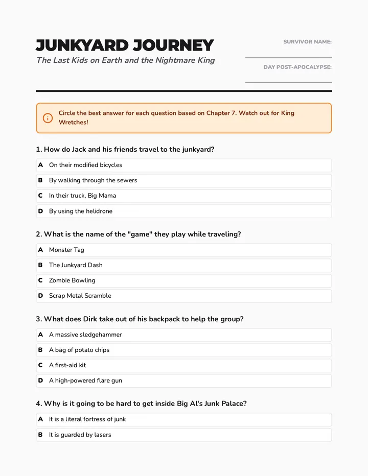 Junkyard Journey Worksheet