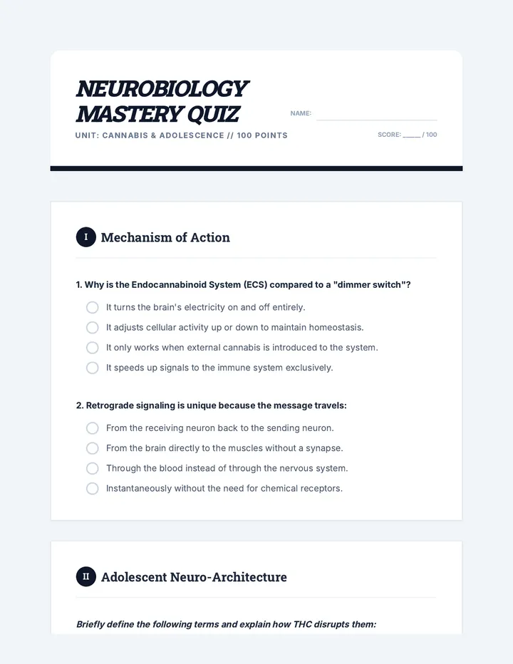 Neurobiology Mastery Quiz Assessment