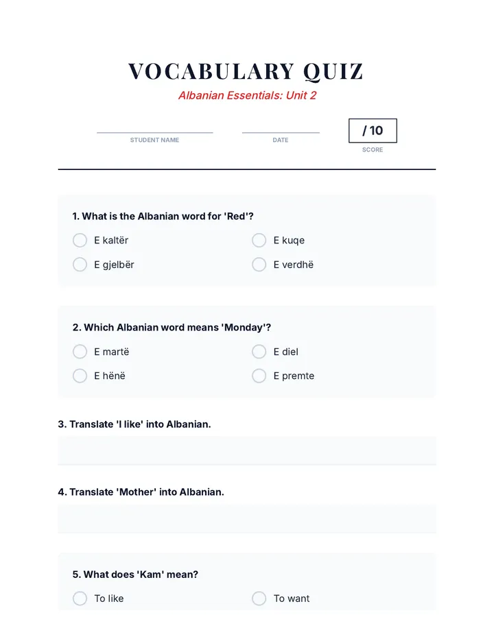 Albanian Vocabulary Quiz