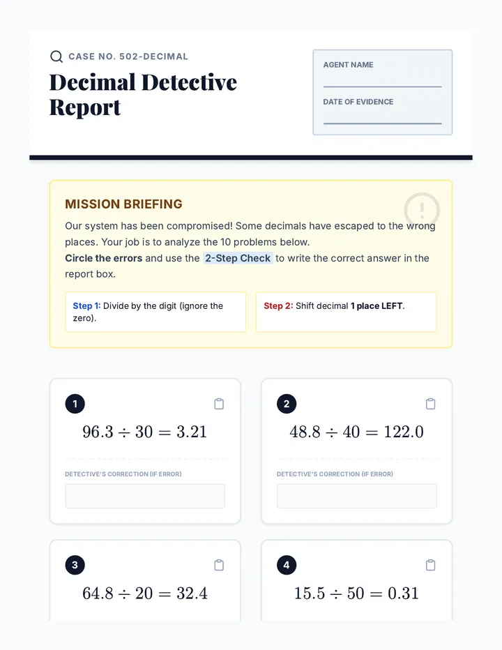Decimal Detective Worksheet