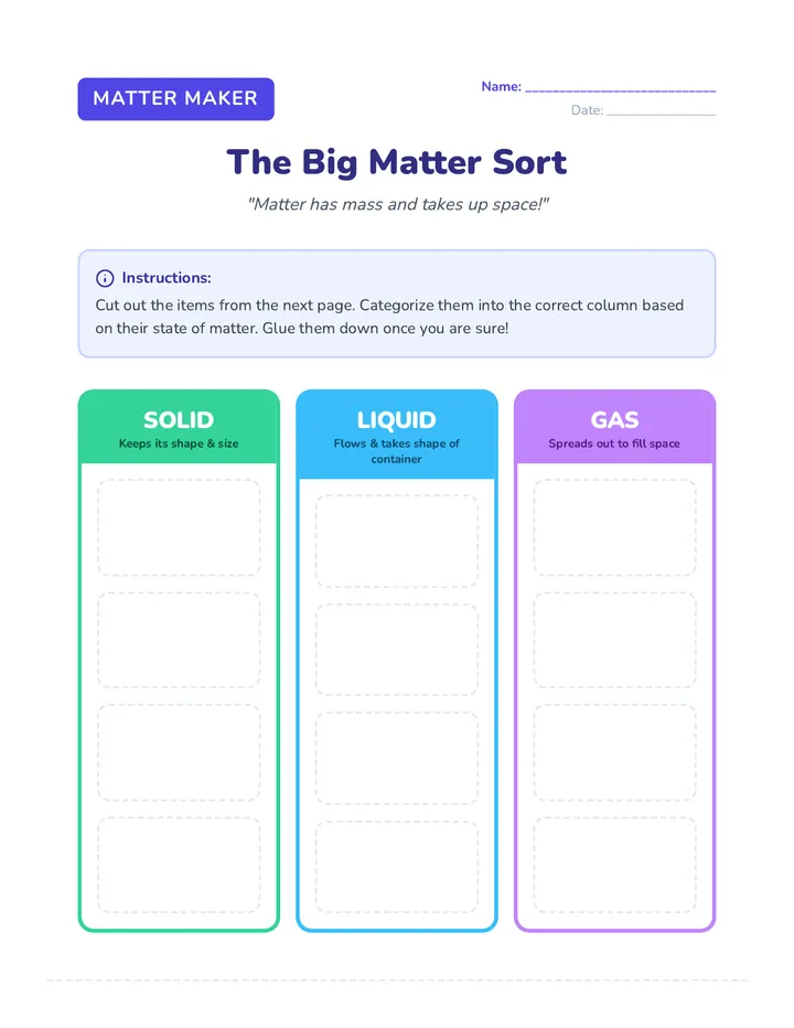 Matter Sort Worksheet