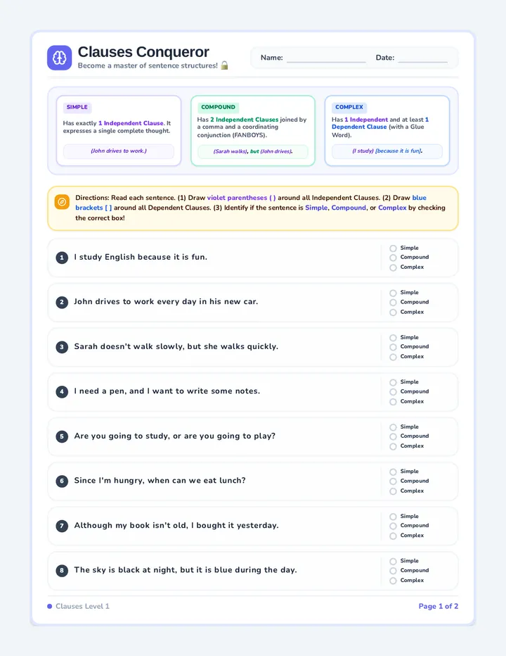 Clauses Conqueror Worksheet