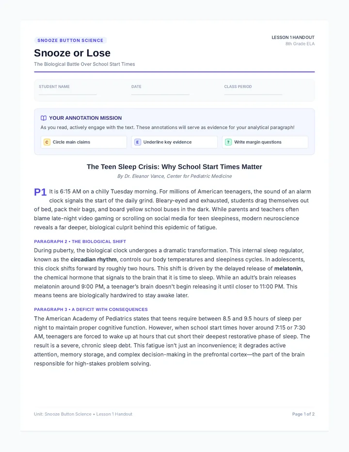 Snooze or Lose Reading Handout
