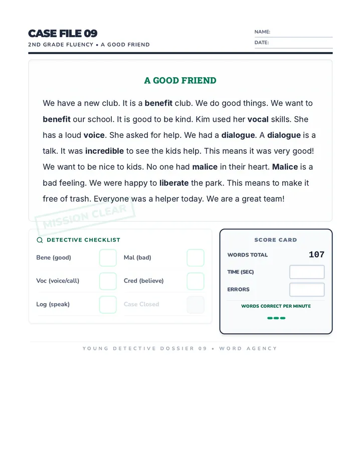 Good Friend Fluency Passage