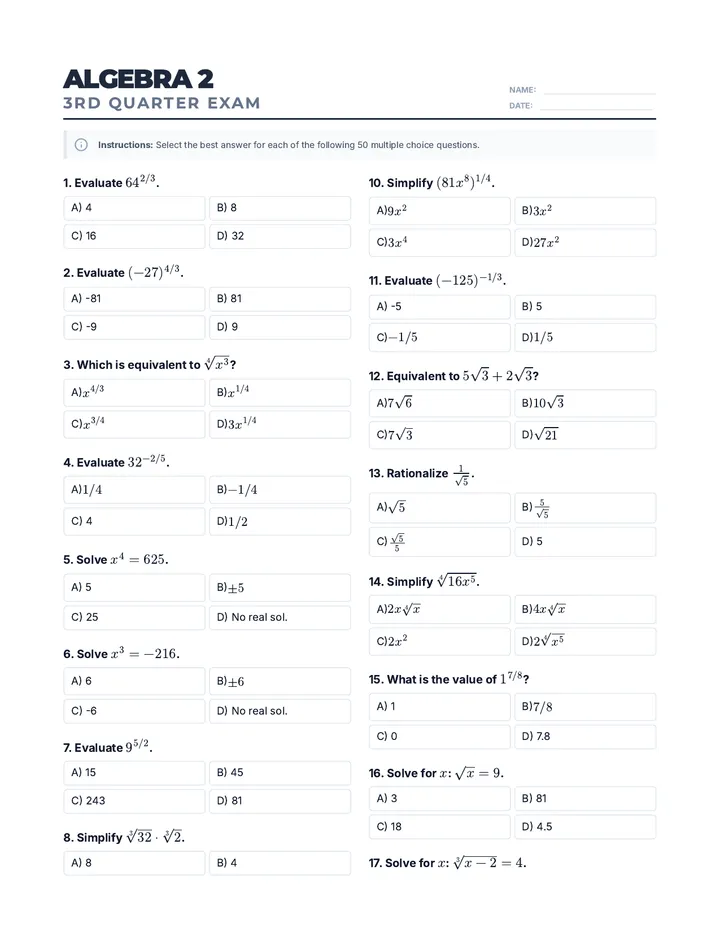 Algebra 2 Q3 Exam MCQ