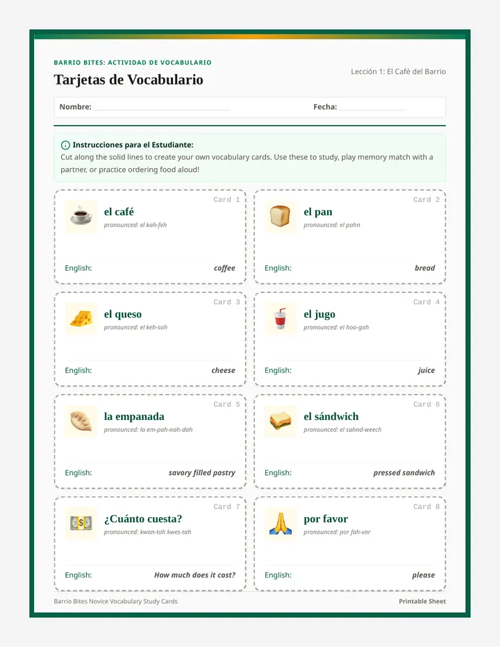 Barrio Bites Vocabulary Cards