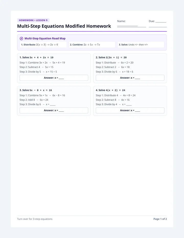 Multi Step Equations Modified Homework