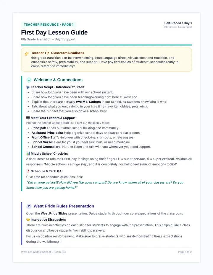 First Day Lesson Guide