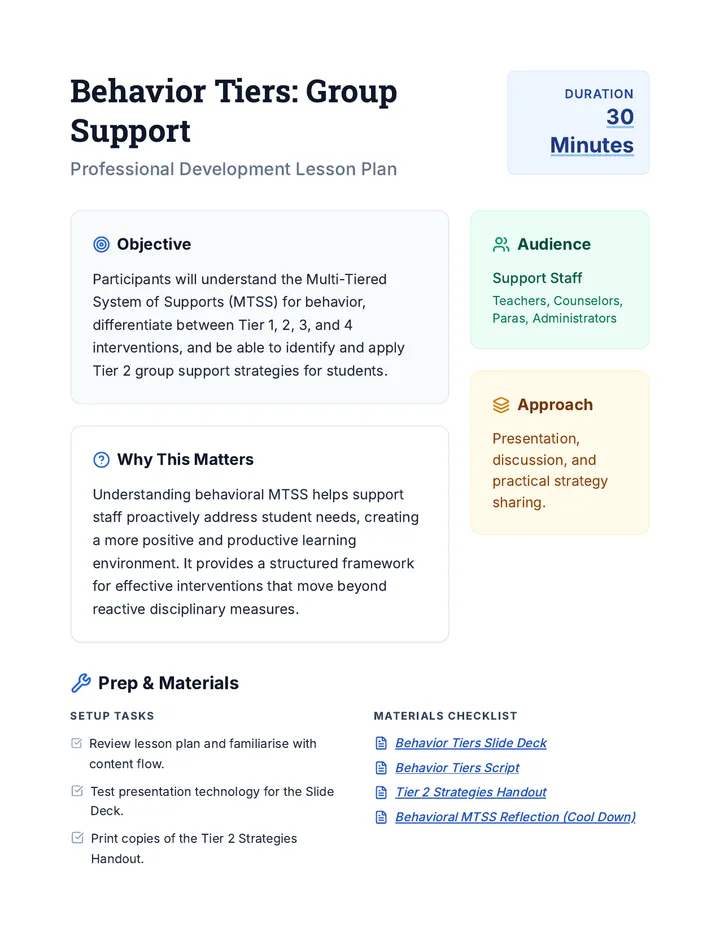Behavior Tiers Lesson Plan