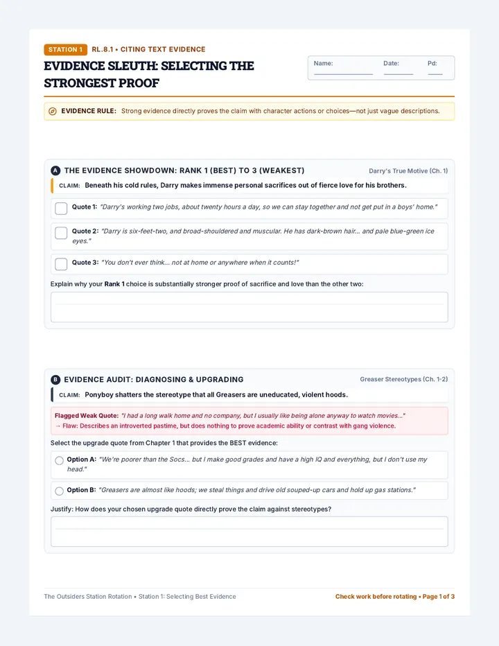Outsiders Skill Stations Worksheet
